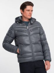 Mocno ocieplona pikowana męska kurtka z odpinanym kapturem – grafitowa V3 OM-JAHP-22FW-010 - XXL. Szare kurtki Ombre Clothing, l, z aplikacjami, z materiału. W wyprzedaży za 129.99 zł.