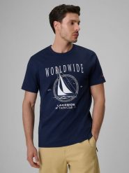 4F T-shirt regular z nadrukiem męski - granatowy XL. Niebieskie t-shirty 4F, m, bez wzorów, z bawełny, bez kołnierzyka, bez ramiączek. Za 69.99 zł.