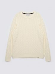 Sweter męski ze splotem warkoczowym i haftem kremowy Niser100. Białe swetry nierozpinane BIG STAR, l, bez wzorów, z bawełny, bez kołnierzyka, bez ramiączek. Za 229.99 zł.