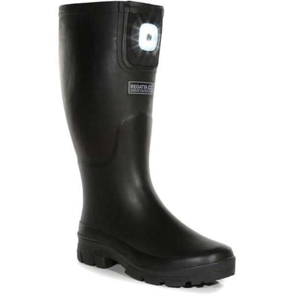 Kalosze turystyczne męskie Regatta Mumford Shine z oświetleniem. Czarne śniegowce Regatta, bez zapięcia. W wyprzedaży za 263.00 zł.
