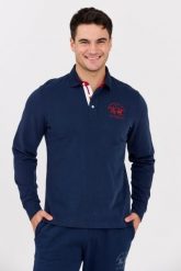LA MARTINA Granatowy męski longsleeve polo HEAVY JERSEY. Niebieskie bluzki z długim rękawem La Martina, l, bez wzorów, z bawełny, bez kołnierzyka, bez ramiączek. W wyprzedaży za 569.99 zł.