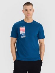 4F T-shirt regular z nadrukiem męski - turkusowy XXL. Niebieskie t-shirty 4F, m, bez wzorów, z bawełny, bez kołnierzyka, bez ramiączek. Za 59.99 zł.
