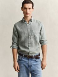 Gant koszula lniana Mężczyźni Regular Fit len zielony, M. Zielone koszule GANT, m, bez wzorów, ze lnu, bez kołnierzyka, bez ramiączek. Za 479.95 zł.