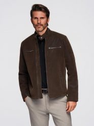 Męska kurtka biker w stylu retro ze stójką – brązowa V1 - Rozmiar: M. Brązowe kurtki Ombre Clothing, m, bez wzorów, z materiału, bez kaptura. W wyprzedaży za 189.99 zł.