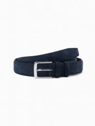 Męski jednobarwny pasek z naturalnego zamszu – granatowy V3 OU-ACBE-0113 - S/M. Niebieskie paski Ombre Clothing, bez wzorów, ze skóry, eleganckie. Za 71.99 zł.