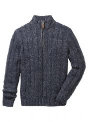 Sweter ze stójką z melanżowanej dzianiny w warkoczowy wzór. Brązowe swetry nierozpinane bonprix, m, bez wzorów, z dzianiny, bez kołnierzyka, bez ramiączek. Za 114.99 zł.