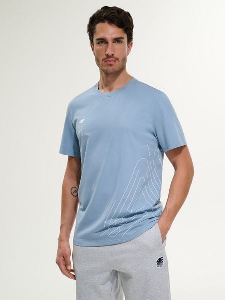 4F T-shirt regular z nadrukiem męski - granatowy M. Niebieskie t-shirty 4F, m, bez wzorów, z bawełny, bez kołnierzyka, bez ramiączek. Za 79.99 zł.