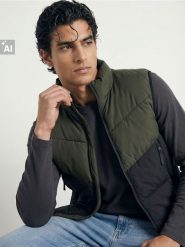 Sportowa woodoodporna kamizelka puffer - khaki. Brązowe kamizelki sportowe Sinsay, l, bez wzorów, bez kaptura. Za 79.99 zł.