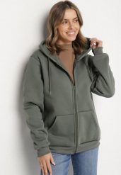 Zielona Rozpinana Bluza z Bawełną i Kapturem Typu Oversize Diosa. Zielone bluzy Born2be, na jesień, m, bez wzorów, z bawełny. Za 59.99 zł.