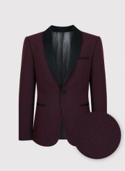 PAKO LORENTE – Marynarka smokingowa w kolorze bordowym. Czerwone garnitury Pako Lorente, na ślub cywilny, bez wzorów, z elastanu. Za 449.99 zł.