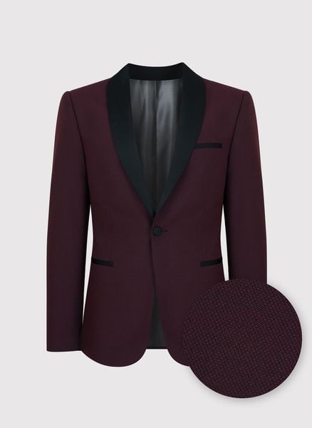 PAKO LORENTE – Marynarka smokingowa w kolorze bordowym. Czerwone garnitury Pako Lorente, na ślub cywilny, bez wzorów, z elastanu. Za 449.99 zł.