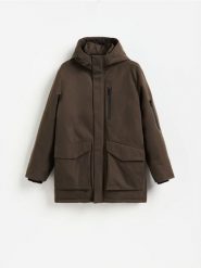 Kurtka parka z kapturem - brązowy. Brązowe kurtki Reserved, l, bez wzorów, z tkaniny, z kapturem. Za 399.99 zł.