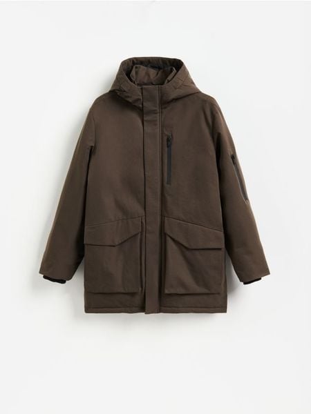 Kurtka parka z kapturem - brązowy. Brązowe kurtki Reserved, l, bez wzorów, z tkaniny, z kapturem. Za 399.99 zł.