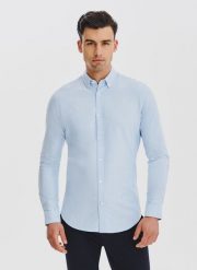 Niebieska koszula męska. Niebieskie koszule Pako Lorente, m, bez wzorów, z bawełny, bez kołnierzyka, bez ramiączek. Za 149.99 zł.