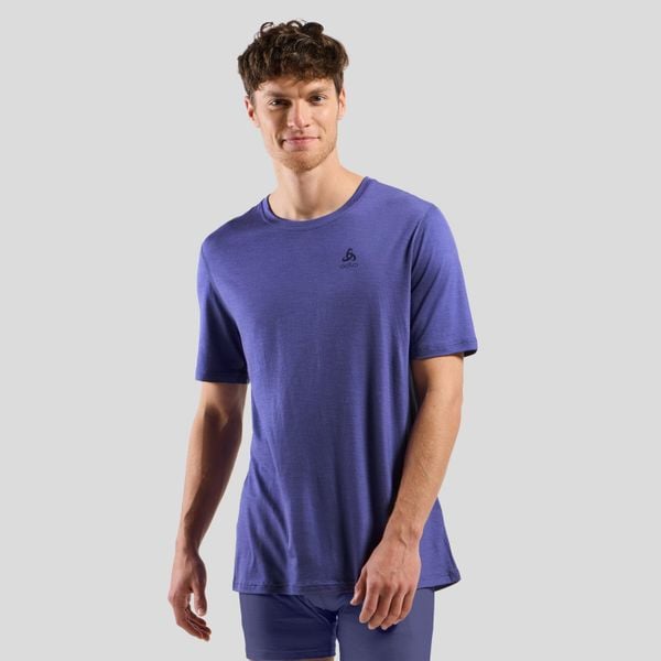 Koszulka męska ODLO Merino 160 BL Top - 100% wełna merino, krótki rękaw. Niebieskie bluzki z długim rękawem ODLO, m, bez wzorów, z wełny, bez kołnierzyka, bez ramiączek. Za 266.85 zł.