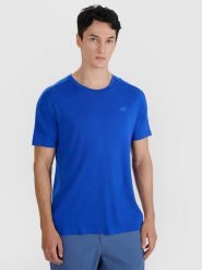 4F Koszulka trekkingowa z wełną Merino męska - niebieska XL. Niebieskie t-shirty 4F, m, bez wzorów, z dzianiny, bez kołnierzyka, bez ramiączek. W wyprzedaży za 149.99 zł.