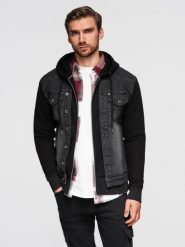 Kurtka męska jeansowa z dzianinowymi rękawami i kapturem – czarna V3 - Rozmiar: XXL. Czarne kurtki Ombre Clothing, m, bez wzorów, z bawełny. Za 379.99 zł.