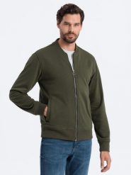 Bawełniana rozpinana bluza męska dresowa bomberka – khaki V1 OM-SSZP-0215 - XXL. Brązowe bluzy Ombre Clothing, l, z aplikacjami, z bawełny, bez kaptura. Za 119.99 zł.