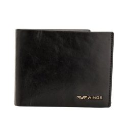 WINGS Męski portfel ze skóry naturalnej bydlęcej z odchylaną klapką Black. Czarne portfele Wings, bez wzorów, z materiału. Za 82.90 zł.