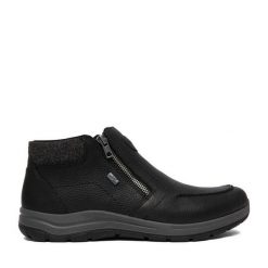 Botki Rieker. Czarne botki sznurowane Rieker, bez wzorów, bez obcasa, bez zapięcia. Za 449.99 zł.