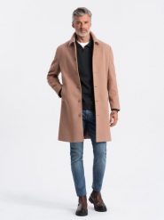 Jednorzędowy męski długi płaszcz z kołnierzykiem i podpinką – brązowy V2 OM-COWC-0106 - XXL. Brązowe płaszcze Ombre Clothing, l, bez wzorów, z materiału, eleganckie, bez kaptura. Za 365.99 zł.