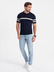 Koszulka męska polo z miękkiej dzianiny z kontrastowymi pasami - granatowa V2 OM-POSS-0118 - XXL. Niebieskie koszulki polo sportowe Ombre Clothing, l, bez wzorów, z dzianiny, bez kołnierzyka, bez ramiączek. W wyprzedaży za 129.99 zł.
