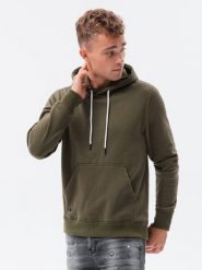 Bluza męska z kapturem BASIC - oliwkowa V13 OM-SSBN-0120 - XXL. Zielone bluzy Ombre Clothing, m, bez wzorów, z bawełny, z kapturem. Za 34.79 zł.