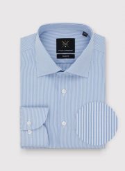 PAKO LORENTE – Bawełniana koszula męska w niebieskie paski. Niebieskie koszule Pako Lorente, m, bez wzorów, z bawełny, bez kołnierzyka, bez ramiączek. Za 279.99 zł.