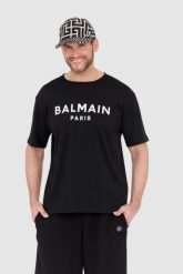 BALMAIN Czarny t-shirt męski z drukowanym białym logo. Czarne t-shirty Balmain, l, bez wzorów, bez kołnierzyka, bez ramiączek. W wyprzedaży za 999.99 zł.