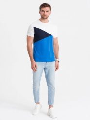 T-shirt męski trójkolorowy bawełniany - biało-niebieski V4 OM-TSCT-0174 - XXL. Niebieskie t-shirty Ombre Clothing, l, bez wzorów, z bawełny, bez kołnierzyka, bez ramiączek. W wyprzedaży za 29.99 zł.