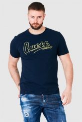 GUESS Granatowy t-shirt męski beachwear. Niebieskie t-shirty Guess, m, z aplikacjami, bez kołnierzyka, bez ramiączek. W wyprzedaży za 99.99 zł.