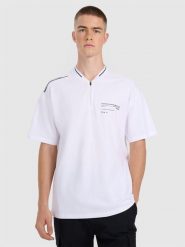 4F Koszulka polo oversize męska - biała L. Białe koszulki polo sportowe 4F, l, bez wzorów, z materiału, bez kołnierzyka, bez ramiączek. Za 99.99 zł.