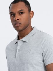 Koszulka męska polo z dzianiny pique - szary melanż V20 S1374 - XXL. Szare koszulki polo sportowe Ombre Clothing, l, bez wzorów, z bawełny, bez kołnierzyka, bez ramiączek. W wyprzedaży za 39.99 zł.