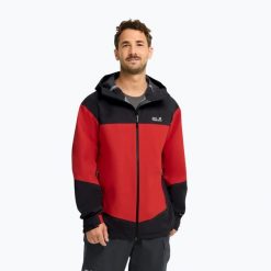 Kurtka przeciwdeszczowa męska Jack Wolfskin Rockpaw 3L. Czerwone kurtki Jack Wolfskin, l, bez wzorów, z materiału, bez kaptura. Za 1,071.25 zł.