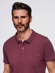 Klasyczna koszulka polo z bawełnianej dzianiny – bordowa V6 - Rozmiar: M. Czerwone koszulki polo sportowe Ombre Clothing, m, bez wzorów, z bawełny, bez kołnierzyka, bez ramiączek. W wyprzedaży za 97.49 zł.
