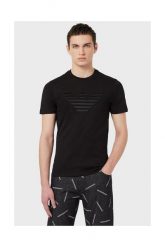 EMPORIO ARMANI T-shirt męski, czarny wyszywane logo. Czarne t-shirty Emporio Armani, m, bez wzorów, z bawełny, bez kołnierzyka, bez ramiączek. W wyprzedaży za 329.99 zł.