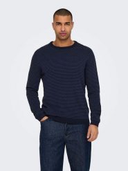 ONLY & SONS Sweter "Tapa" w kolorze granatowym rozmiar: XS. Niebieskie swetry nierozpinane Only & Sons, xs, bez wzorów, z bawełny, bez kołnierzyka, bez ramiączek. Za 112.45 zł.