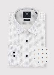 PAKO LORENTE – Biała koszula w granatowo-beżowy mikrowzór. Białe koszule Pako Lorente, m, bez wzorów, z bawełny, bez kołnierzyka, bez ramiączek. Za 149.99 zł.