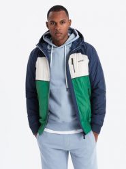 Lekka kolorowa kurtka sportowa męska z polarem – zielono-granatowa V20 OM-JANP-0194 - XXL. Zielone kurtki przejściowe Ombre Clothing, l, bez wzorów, z materiału, bez kaptura. W wyprzedaży za 199.99 zł.