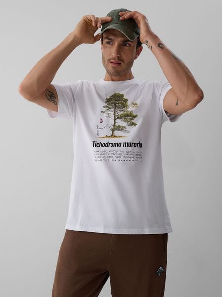 4F T-shirt regular z nadrukiem męski - biały L. Białe t-shirty 4F, l, bez wzorów, z bawełny, bez kołnierzyka, bez ramiączek. Za 79.99 zł.