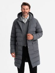 Długa pikowana męska kurtka z klapami i podpinką – grafitowa V2 OM-JALJ-0177 - XXL. Szare kurtki Ombre Clothing, l, bez wzorów, z materiału. W wyprzedaży za 199.99 zł.