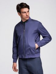 Lekka bomberka męska ze ściągaczami – granatowa V4 - Rozmiar: M. Niebieskie kurtki Ombre Clothing, na jesień, m, bez wzorów, bez kaptura. Za 239.99 zł.