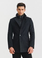 PAKO LORENTE - Ciemnoszary płaszcz w pepitkę. Płaszcze Pako Lorente, na jesień, bez wzorów, z poliesteru, bez kaptura. Za 999.99 zł.