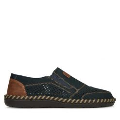 Półbuty Rieker. Niebieskie eleganckie półbuty Rieker, bez wzorów, bez obcasa, bez zapięcia. Za 379.99 zł.