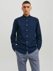 Jack&Jones Koszula 12182486 Granatowy Slim Fit. Niebieskie koszule Jack&Jones, l, bez wzorów, z bawełny, bez kołnierzyka, bez ramiączek. Za 119.99 zł.