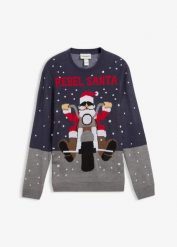 Sweter z bożonarodzeniowym motywem. Niebieskie swetry nierozpinane bonprix, m, z aplikacjami, bez kołnierzyka, bez ramiączek. Za 129.99 zł.