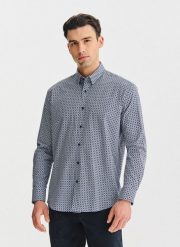 PAKO LORENTE – Granatowa koszula we wzór geometryczny. Koszule Pako Lorente, xxl, bez wzorów, z bawełny, bez kołnierzyka, bez ramiączek. Za 299.99 zł.