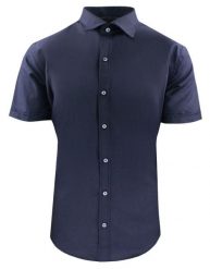 Taliowana Koszula Elegancka, Krótki Rękaw - Quickside - Granatowa. Niebieskie koszule Quickside, m, bez wzorów, z bawełny, bez kołnierzyka, bez ramiączek. Za 159.00 zł.