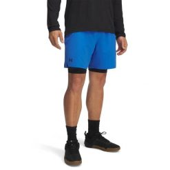 Szorty 2 w 1 Under Armour Vanish Woven. Niebieskie odzież kompresyjna Under Armour, s, bez wzorów, z materiału, na fitness i siłownię. Za 234.00 zł.
