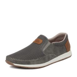 Półbuty Rieker. Szare eleganckie półbuty Rieker, bez wzorów, bez obcasa, bez zapięcia. Za 329.99 zł.